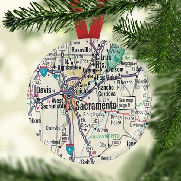 Sacramento Ornament, Sacramento Christmas Ornament, Gift under 5, Sacramento Wedding Favor, Sacramento Map