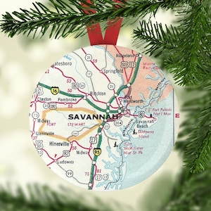 Savannah Map Ornament, Map Ornament, Savannah Map Christmas Gift, Savannah Christmas Ornament, Savannah Map, Georgia Ornament