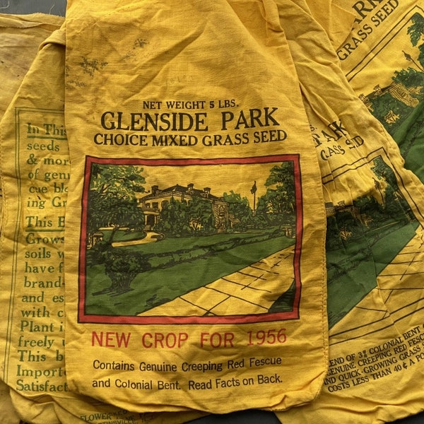 Lot of 5 Vintage Glenside Park Mixed Grass Seed Sacks, Vintage Grain Sack, Vintage Farmhouse Decor, Vintage Gardening, 1950s