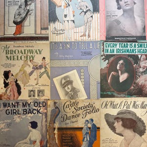 May include: A collection of nine vintage sheet music covers featuring various illustrations, including figures in period clothing, portraits of performers, and decorative typography with titles like In Room 202, Broadway Melody, and Castle Society Dance Folio.