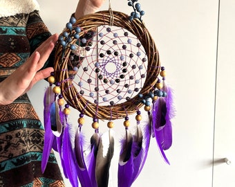 Big Willow purple dream catcher Amethyst and Angelite stone. Hawk feathers dreamcatcher. Traditional dream catcher with stones