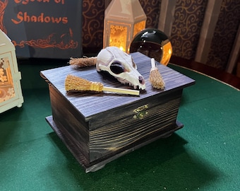 Witch box Skull and three broomsticks. Wooden trinket box for Tarot or runes, black and purple