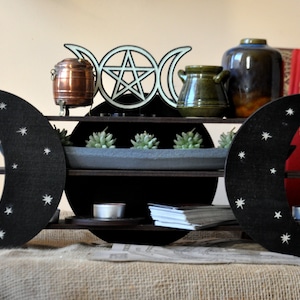 Altar shelf. Crescent Moon Table Shelf. Crystal shelf. Wicca shelf. Wiccan Decor. Witch shelf. Moon shelf. Black wooden shelf