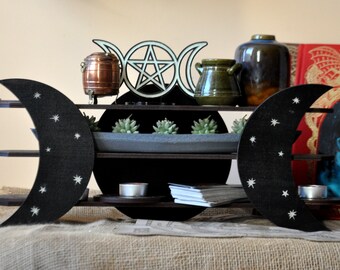 Altar shelf. Crescent Moon Table Shelf. Crystal shelf. Wicca shelf. Wiccan Decor. Witch shelf. Moon shelf. Black wooden shelf