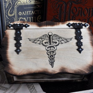 Caduceus. Medicine box. Wooden box for storage. Box for herbs. Box for crystals image 4