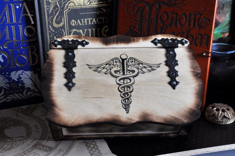 Caduceus. Medicine box. Wooden box for storage. Box for herbs. Box for crystals image 4