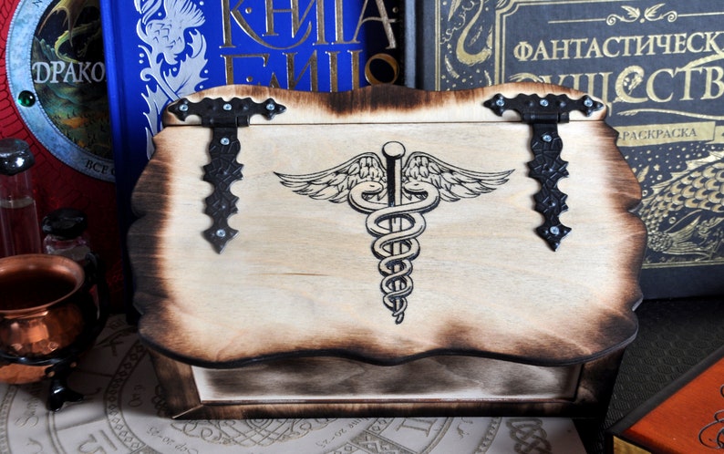 Caduceus. Medicine box. Wooden box for storage. Box for herbs. Box for crystals image 1