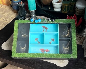 Black and Turquoise Box for crystals storage - Fly agarics and Golden Crescents. Box with glass lid. Organizer for jewelry