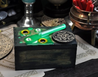 Alchemy box with glass vial - Four eyes. Box for tarot cards, tea or your craft supplies