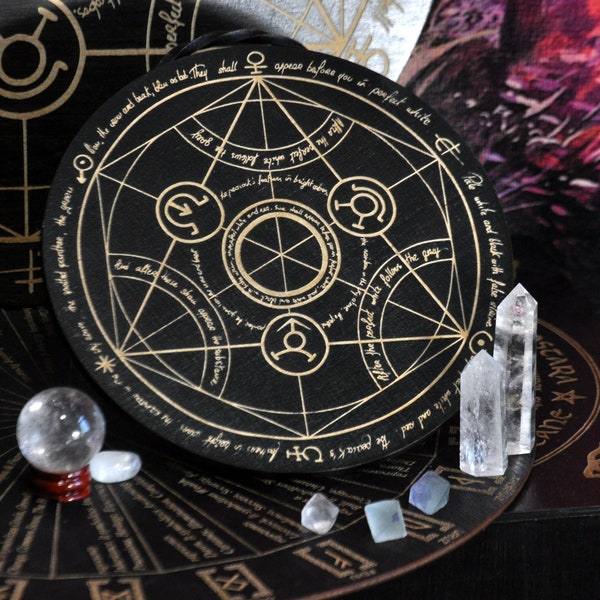 Alchemy circle. Occult circle. Big black circle esoteric art for altar decor, spell circle, sacred geometry, gothic interior. wiccan signs