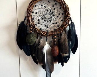 Big Dream Catcher Black agate and golden obsidian - Wolf Berries. Hawk feathers, willow wreath