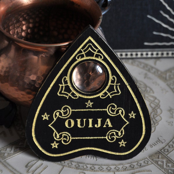 Ouija planchette lettere nere e oro. Accessori per streghe di spiritismo