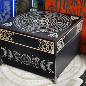 Wicca Box with metal legs - Wheel of the Year. Celtic calendar wooden organizer, witch accessories