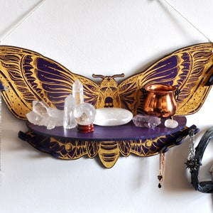 Wall shelf Purple Butterfly. Crystal display, jewelry organizer and storage. Purple and gold wall art. Jewelry Holder.