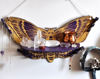 Wall shelf Purple Butterfly. Crystal display, jewelry organizer and storage. Purple and gold wall art. Jewelry Holder.