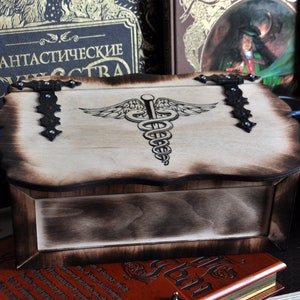 Caduceus. Medicine box. Wooden box for storage. Box for herbs. Box for crystals image 2