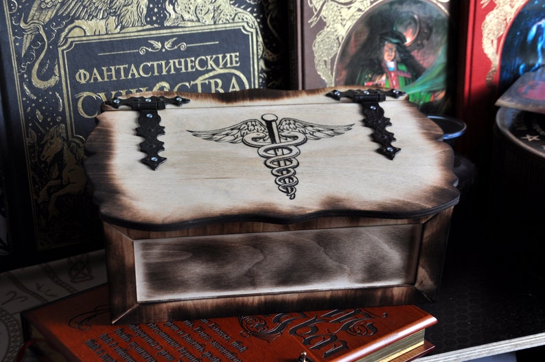 Caduceus. Medicine box. Wooden box for storage. Box for herbs. Box for crystals image 2