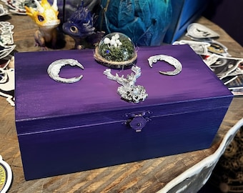 Purple box two sections - Moon Deer Forest tales. Wooden box for runes, jewelry, bracelets, watches