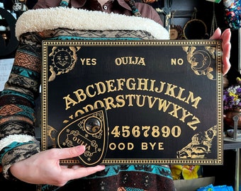 Classic Ouija Spirit Board black and gold letters. Wooden Board for talking with spirits. Personal engraving and custom size possible