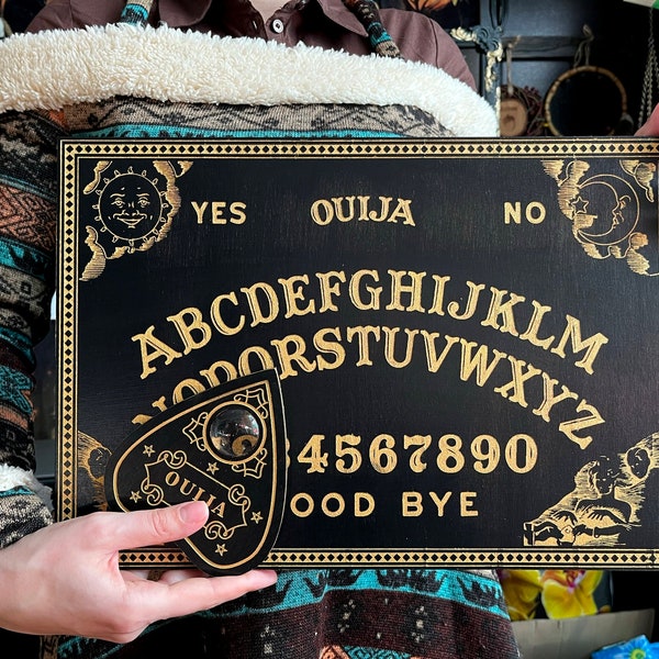 Classic Ouija Spirit Board black and gold letters. Wooden Board for talking with spirits. Personal engraving and custom size possible