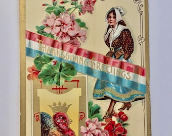 Antique Postcard - Thanksgiving Greetings - King Turkey - Red White Blue Ribbon - Bas Relief - P Sander