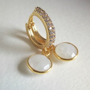 Gold Moonstone Pave Huggie Hoop Earrings: Art Deco Bridal Jewelry