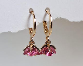 Pink Crystal Flower Huggie Hoop Earrings