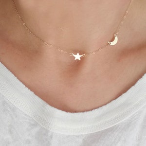 Gold Crescent And Star Necklace, Moon Jewellery, Tiny Crescent Tiny Star, Gold Filled Crescent Star Necklace, Dainty Delicate, Gift Idea