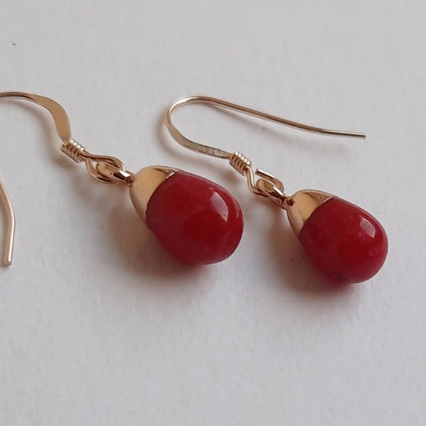 Red Coral Earrings. Tiny Red Teardop Earrings. Teardrop Earrings. Dangly Earrings. Christmas Earrings. Earrings For Women. Dainty Jewelry