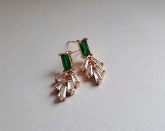 Emerald Green Art Deco Earrings. Art Deco Diamond Drop Earrings. Emerald Fan Earrings. Geometric Earrings. Art Deco Earrings.  Gifts For Her