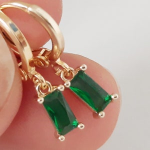 Green Huggie Hoop Earrings. Rectangle Cubic Zirconia Gold Plated Huggie Hoop Earrings. Minimalist Earrings. Dangly Earrings. Gift Idea