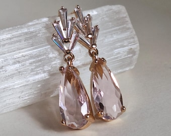 Blush Pink Teardrop And Crystal Art Deco Stud Drop Earrings: 1920s Jewelry