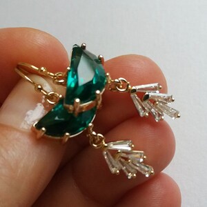 Emerald Earrings. Half Moon Earrings. Art Deco Earrings. Diamond Drop Earrings. Crescent Earrings. Earrings For Women. Christmas Gift image 3