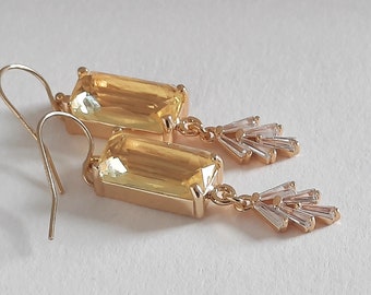 Lemon Yellow Crystal Earrings. Baguette Rectangle Earrings. Art Deco Earrings. Diamond Drop Earrings.Evening Earrings. Summer Earrings