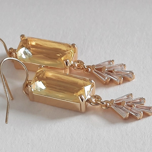 Lemon Yellow Crystal Earrings. Baguette Rectangle Earrings. Art Deco Earrings. Diamond Drop Earrings.Evening Earrings. Summer Earrings