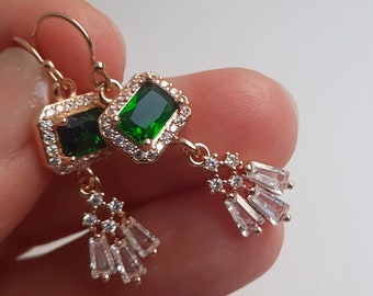 Emerald Green Art Deco Dangly Earrings: Gold Plated Cubic Zirconia Dangle Earrings