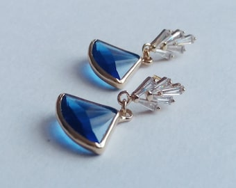 Sapphire Blue Art Deco Earrings. Diamond Drop Earrings. Sapphire Blue Fan Earrings. Geo Earrings. Sapphire Blue Drop Earrings. Gift Idea