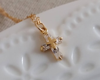 Gold Cross Necklace, Crystal Cross Necklace, Tiny Cross Pendant, Tiny Cross Charm, Dainty Delicate Everyday Minimalist, Layering Necklace