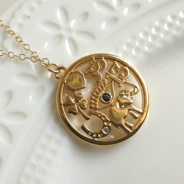 Good Luck Necklace, Gold Elephant Medallion, Ohm Symbol, Horseshoe, Evil Eye Necklace, Lucky Medallion, Four Leaf Necklace, Gift Idea