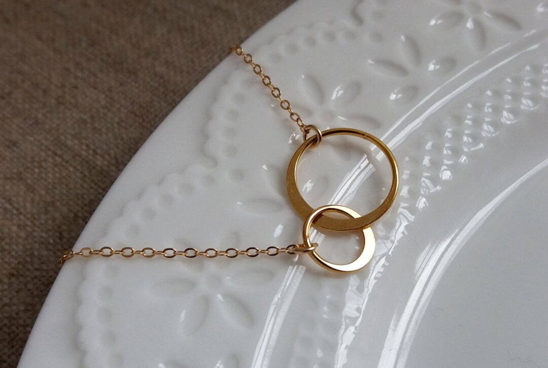 Gold Two Circle Necklace, Double Circle Necklace, 2 Interlocking