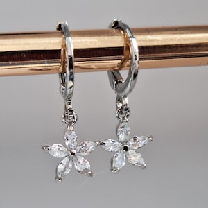 Silver Flower Huggie Hoop Earrings: Art Deco Jewelry