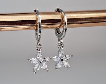 Silver Flower Huggie Hoop Earrings: Art Deco Jewelry
