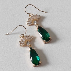 Emerald Green Teardrop Fan Earrings: Gold Plated Cubic Zirconia Art Deco Jewelry