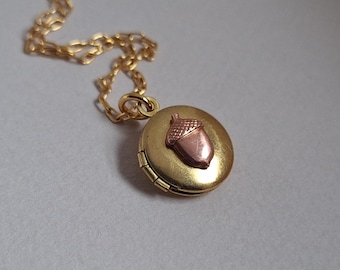 Puede incluir: Collar con medallón dorado. El colgante redondo presenta un diseño de bellota en relieve en color cobre contrastante. La cadena es delicada y también dorada.