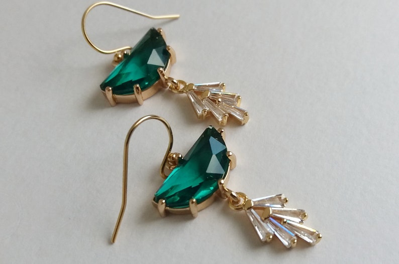 Emerald Earrings. Half Moon Earrings. Art Deco Earrings. Diamond Drop Earrings. Crescent Earrings. Earrings For Women. Christmas Gift image 1