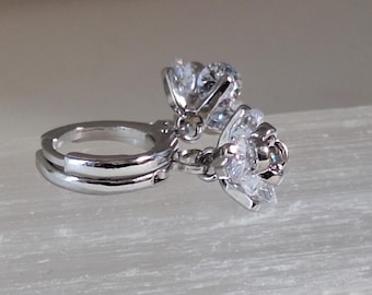 Tiny Crystal Flower Silver Huggie Hoop Earrings