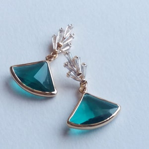 Emerald Green Art Deco Earrings. Art Deco Diamond Drop Earrings. Emerald Fan Earrings.Geometric Earrings. Art Deco Earrings. Christmas Gift