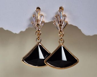 Black Art Deco Fan Stud Earrings: 1920s Jewelry