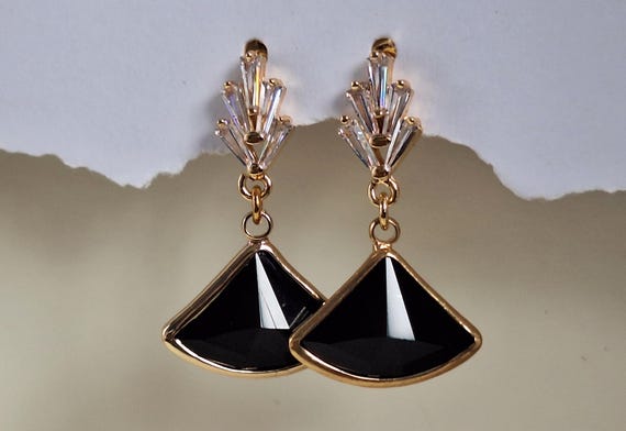 Black Art Deco Fan Stud Earrings: 1920s Jewelry