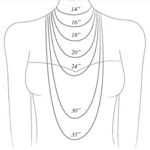 Puede incluir: Ilustraci&oacute;n de un torso con varias longitudes de collar. Los collares var&iacute;an de 35.5 cm a 83.8 cm, con medidas en pulgadas. La imagen es una gu&iacute;a para el tama&ntilde;o de collares.